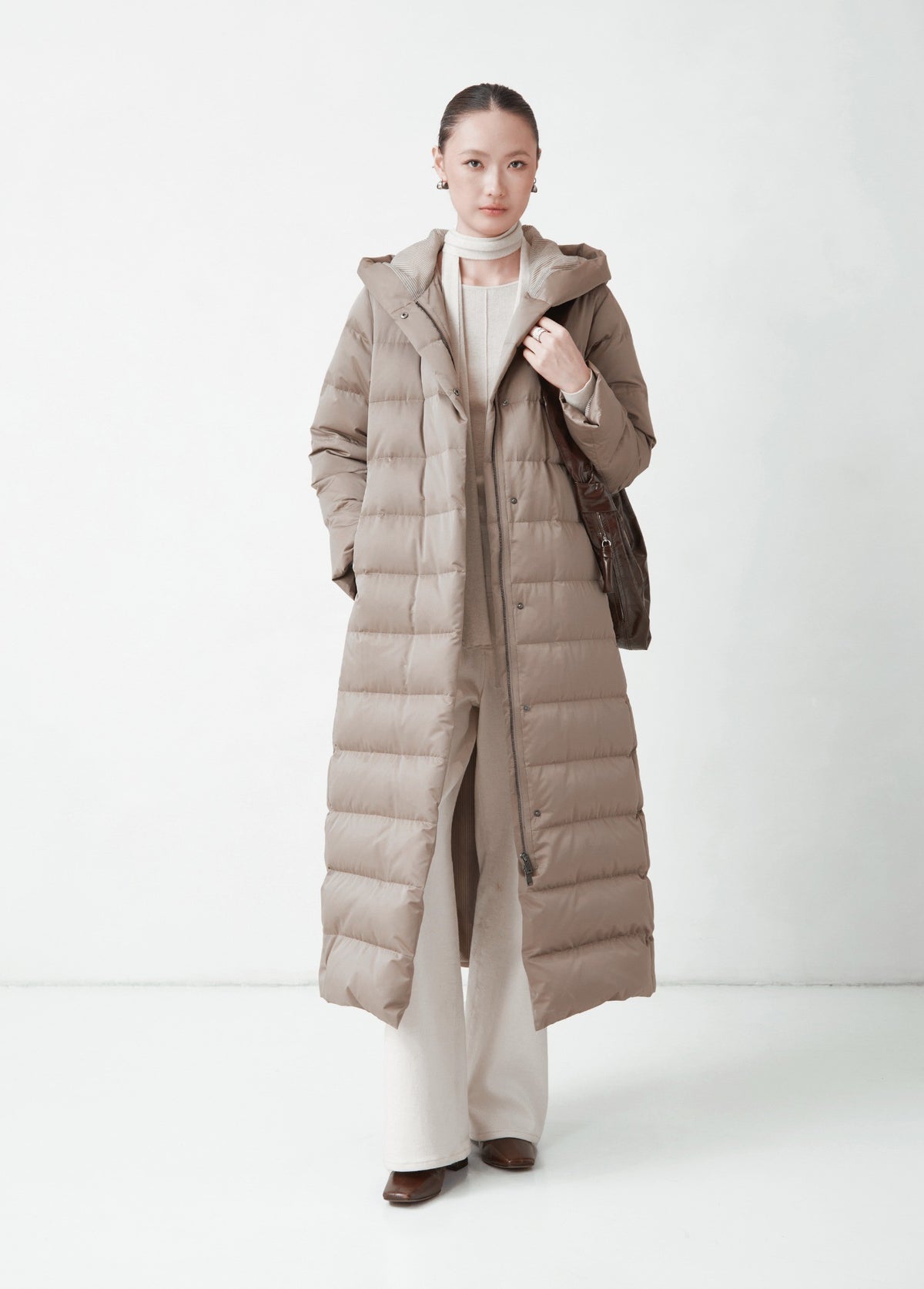 Hooded quilted long coat