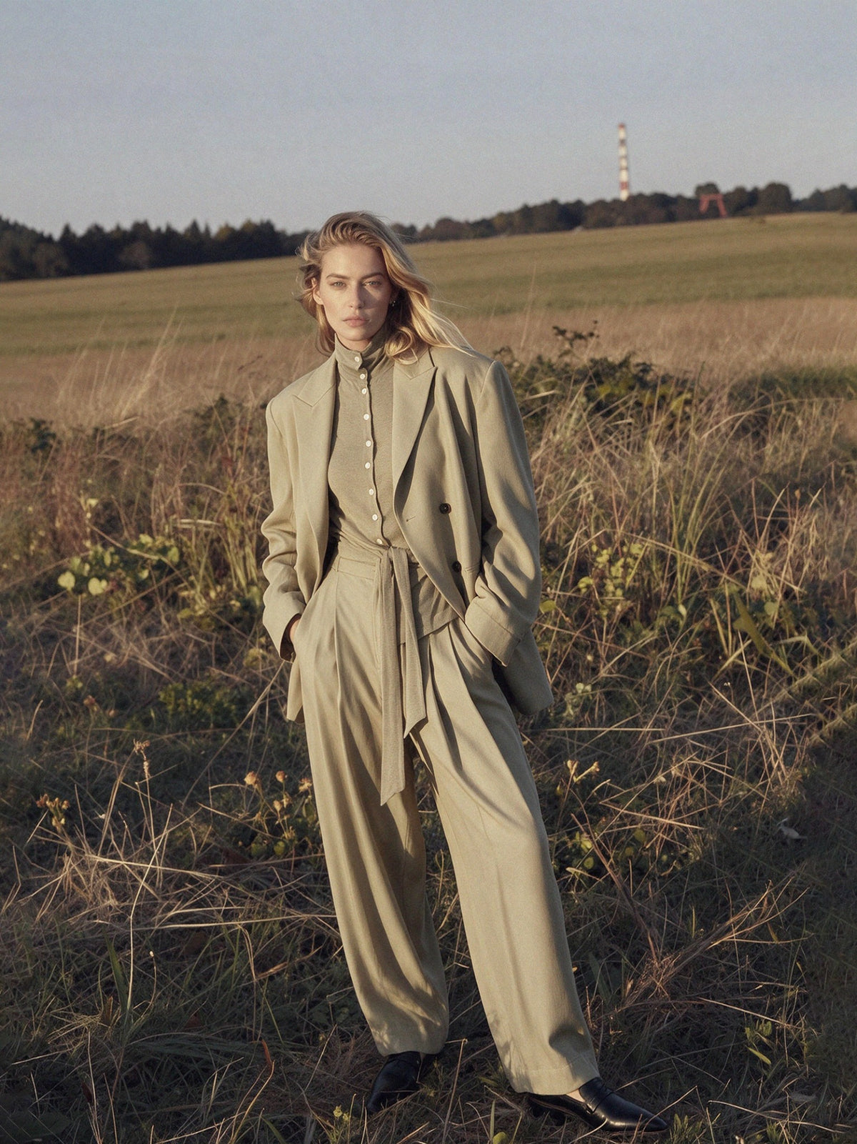 WU TANG Autumn/Winter 2026 — a model wearing a light taupe tailored suit in a field