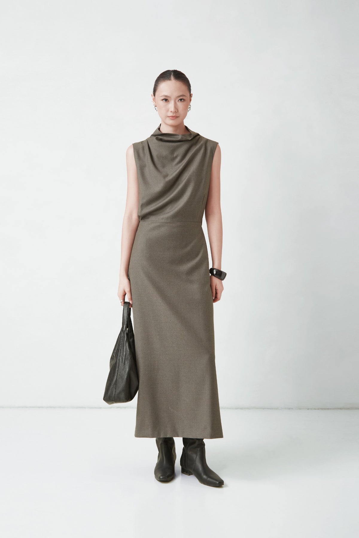 WU TANG Draped-neck midi dress, Olive grey, view 1