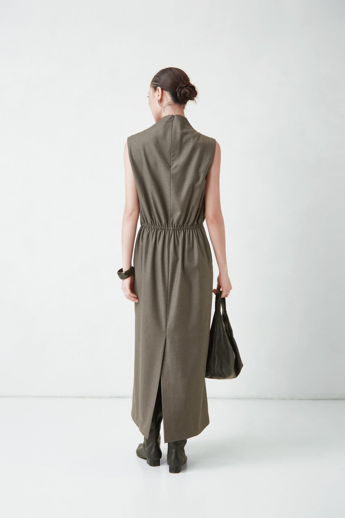WU TANG Draped-neck midi dress, Olive grey, view 2