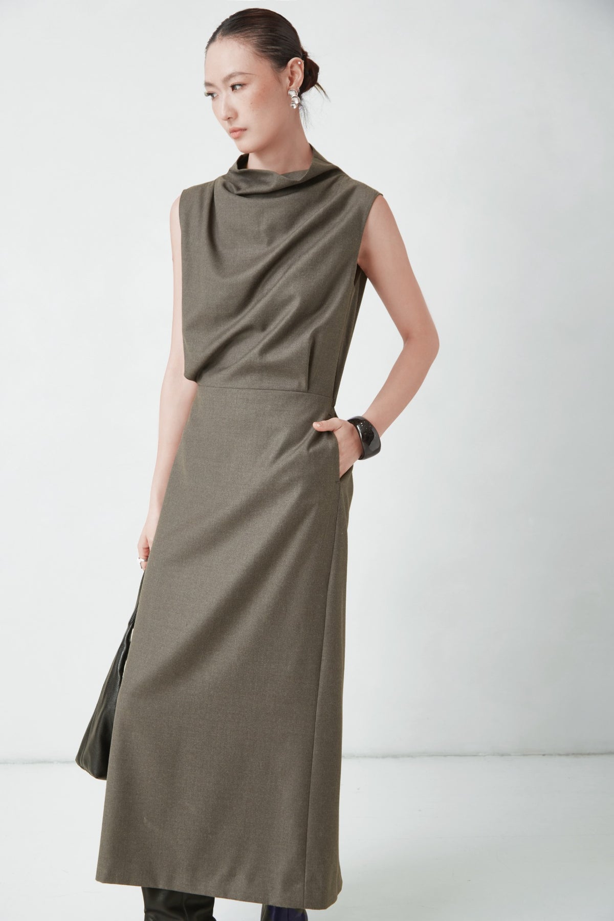 WU TANG Draped-neck midi dress, Olive grey, view 3