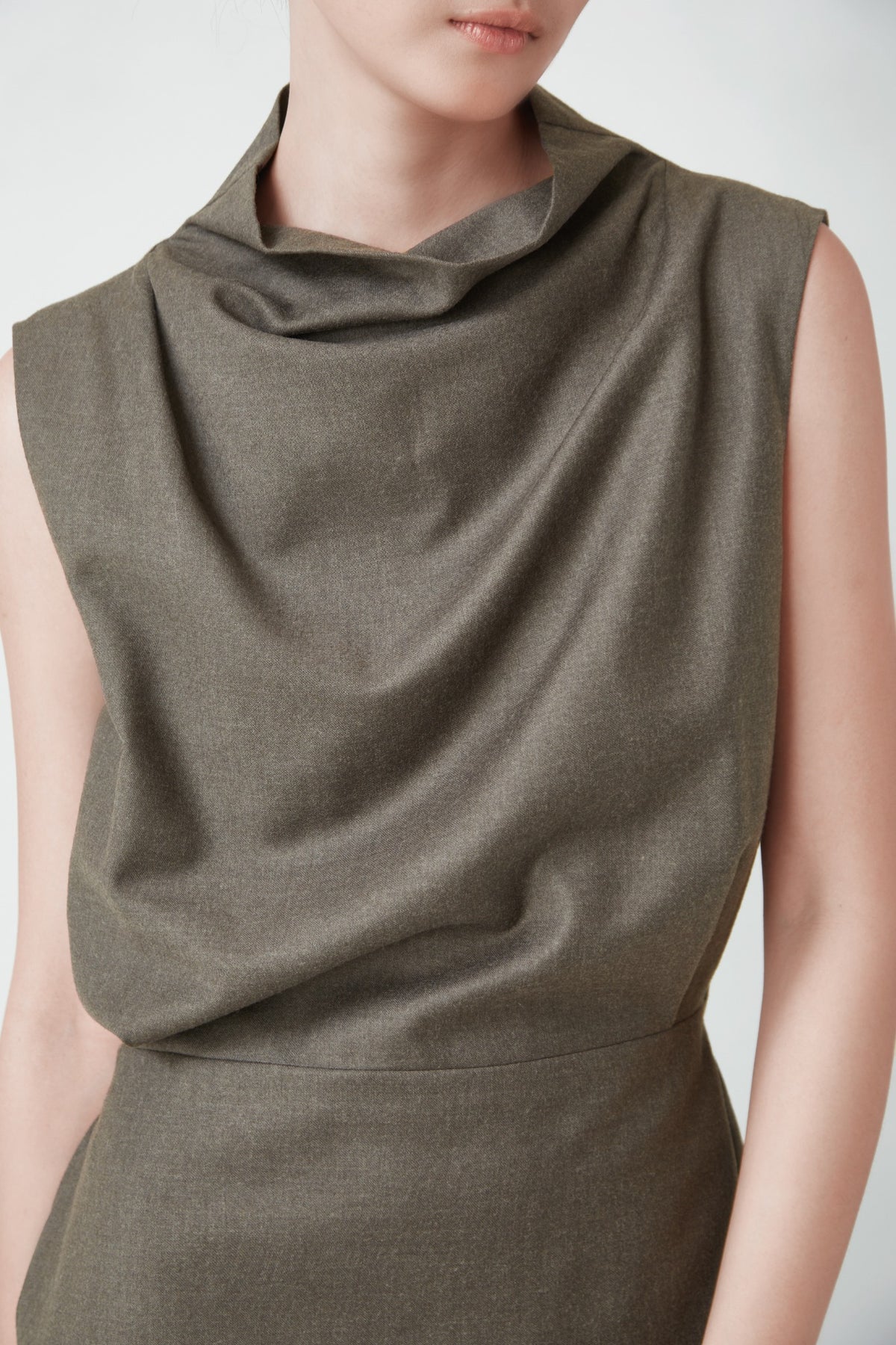 WU TANG Draped-neck midi dress, Olive grey, view 4