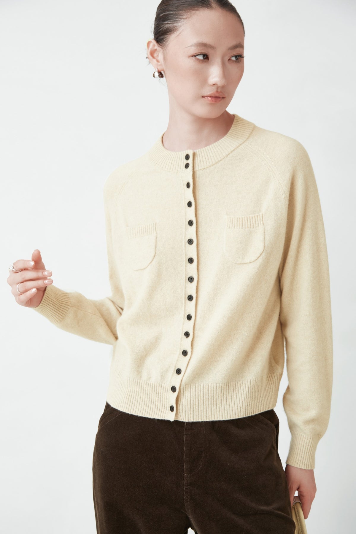WU TANG Pocket-detail cardigan, Cream, view 3