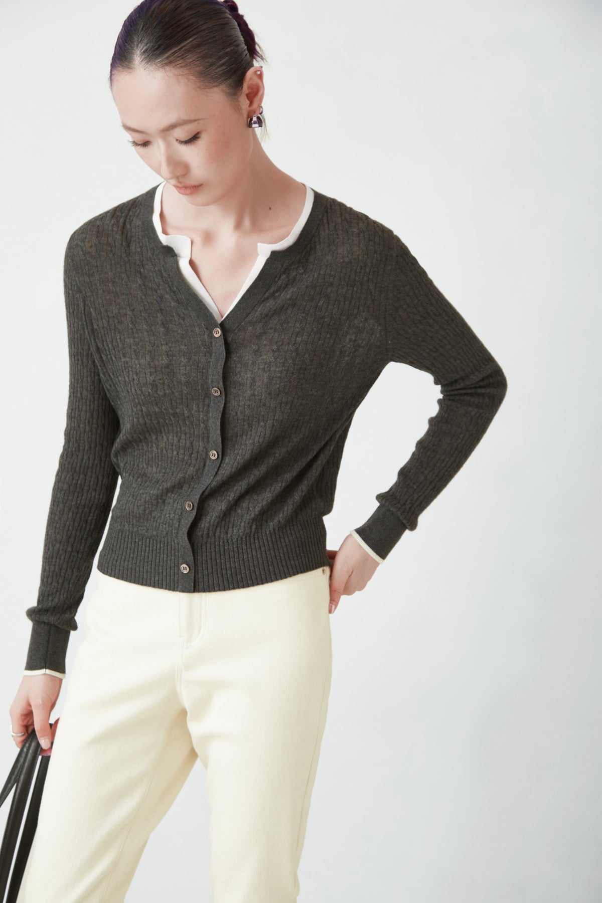 WU TANG Textured V-neck cardigan, Dark grey, view 2