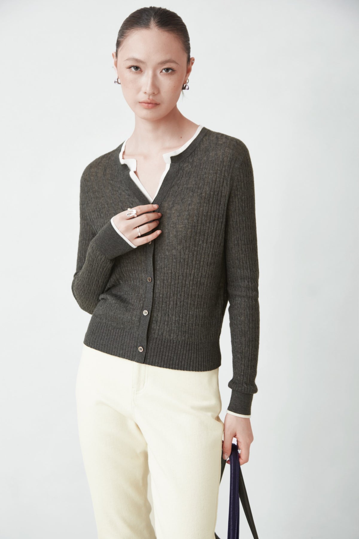 WU TANG Textured V-neck cardigan, Dark grey, view 3
