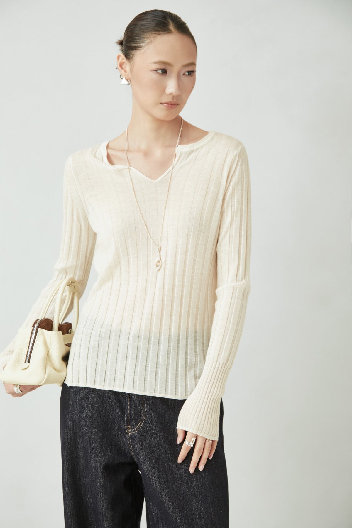 WU TANG Notched-neck knit top, Ivory, view 3