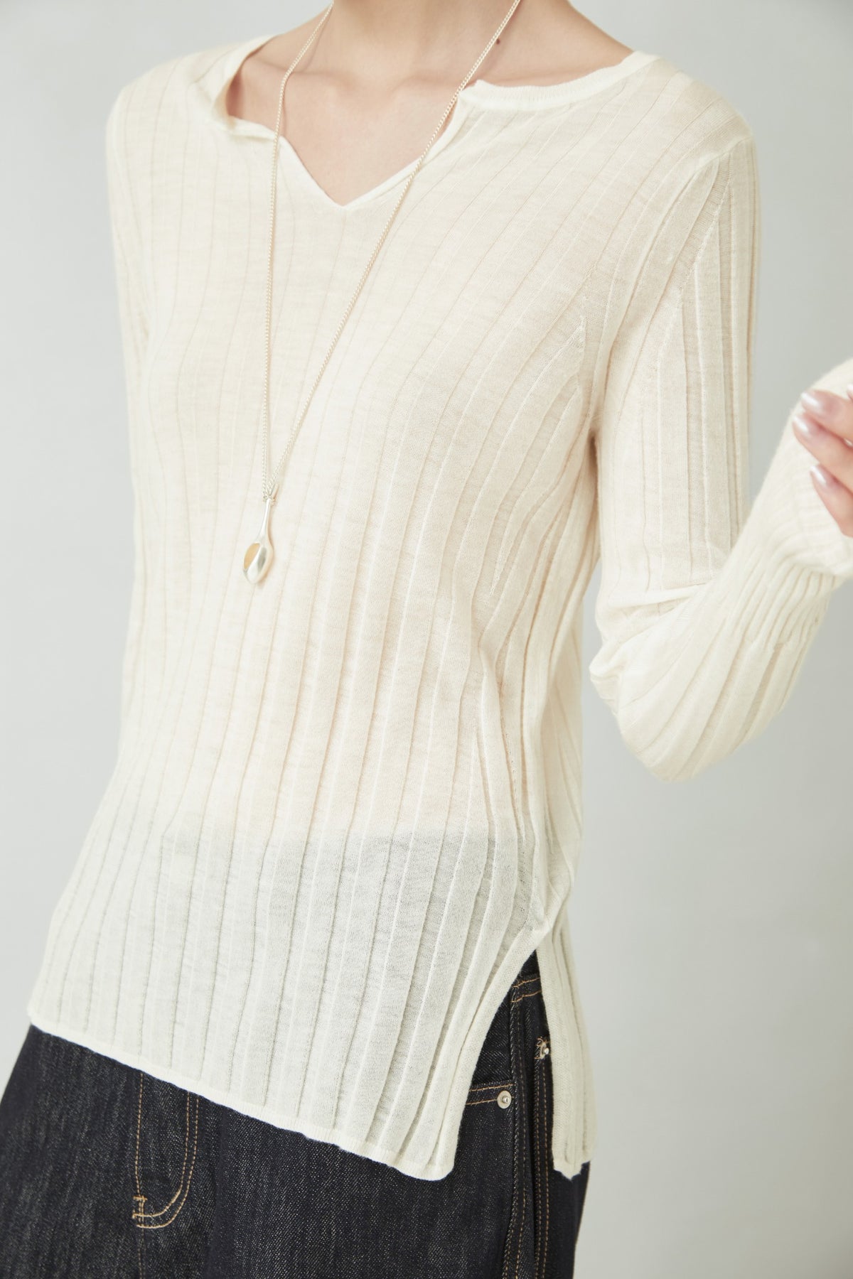 WU TANG Notched-neck knit top, Ivory, view 4