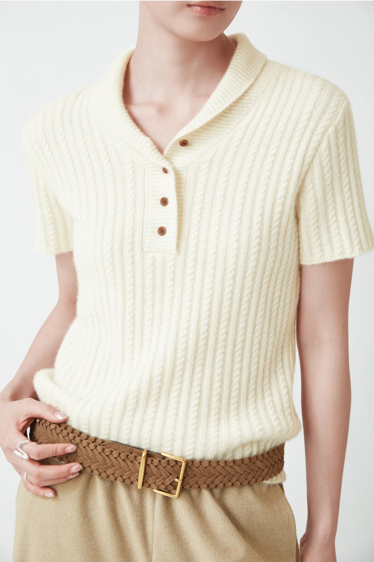 WU TANG Cable-knit polo top, Cream, view 3