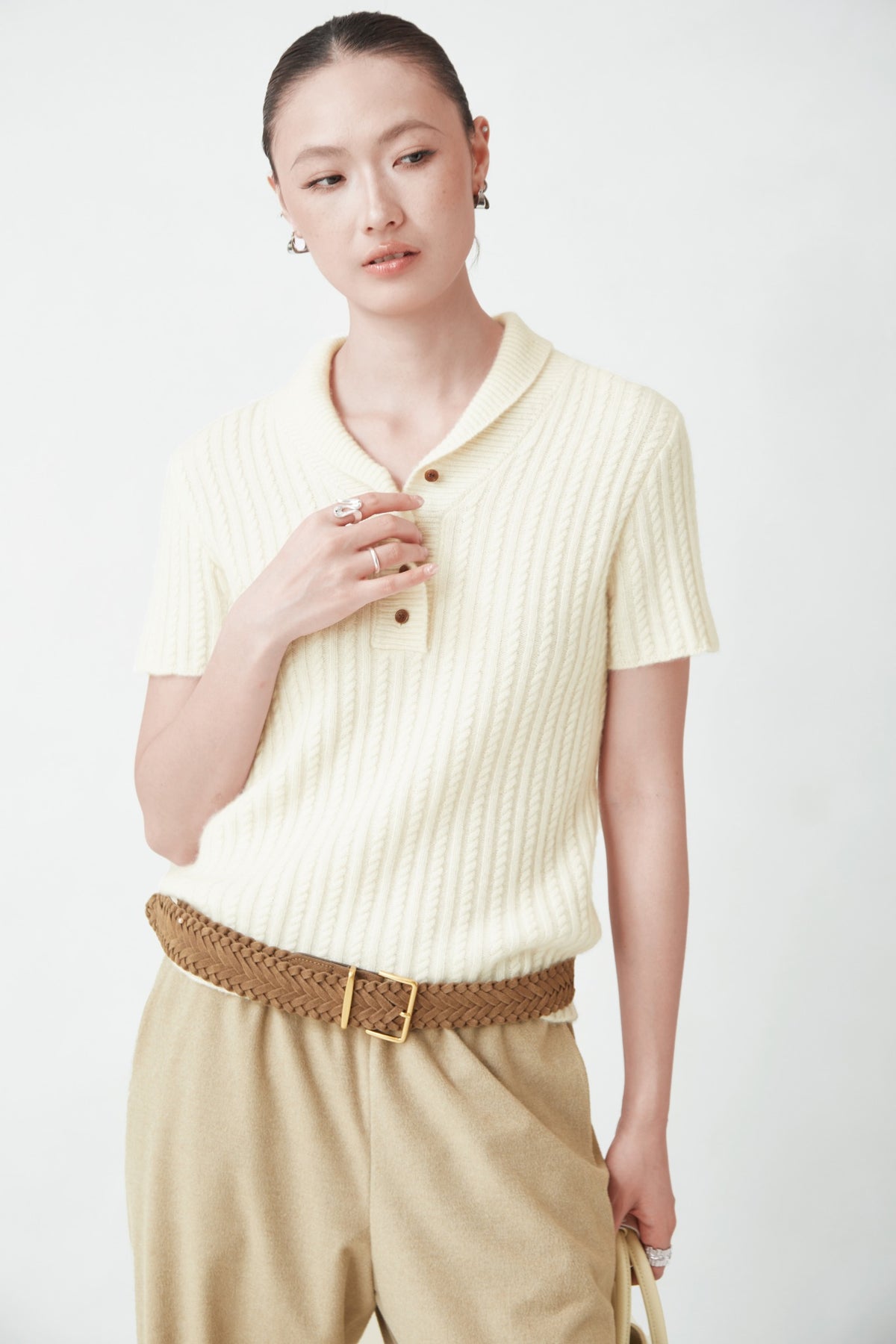 WU TANG Cable-knit polo top, Cream, view 4