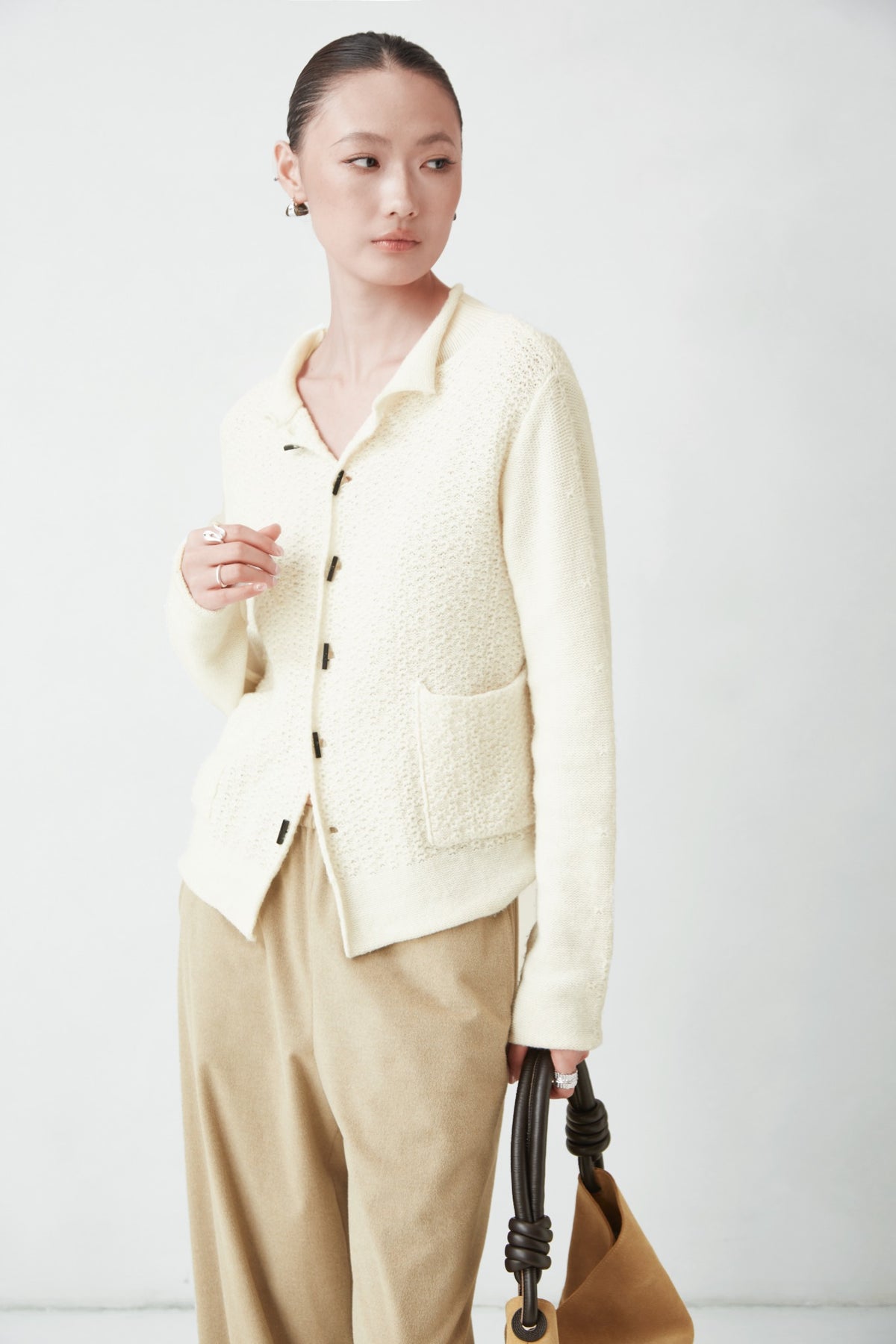 WU TANG Textured collared cardigan, Cream, view 3