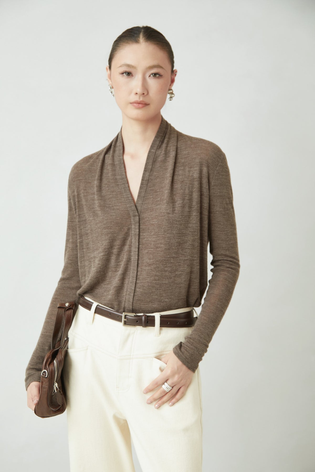 WU TANG Draped-neck knit top, Brown, view 3