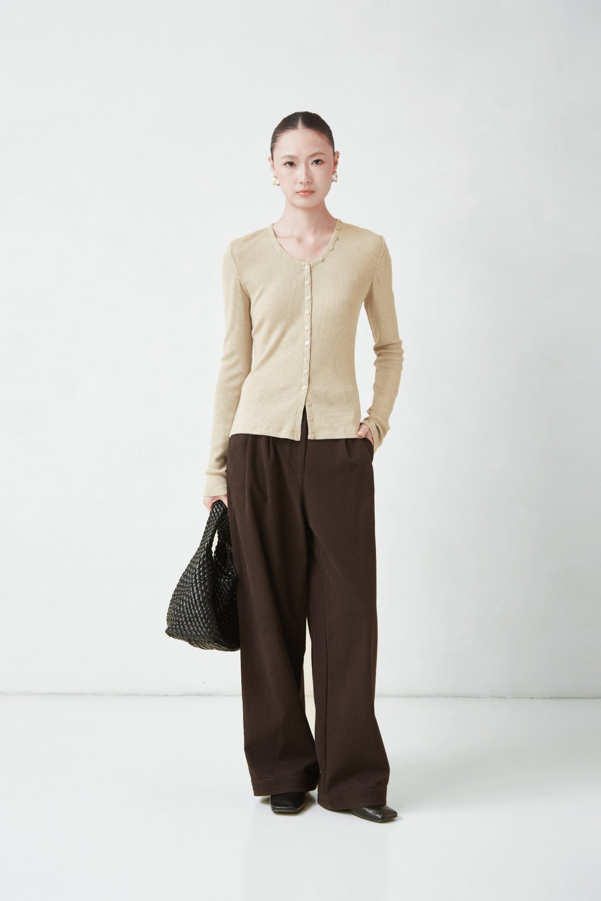 WU TANG Button-detail ribbed cardigan, Light beige, view 1