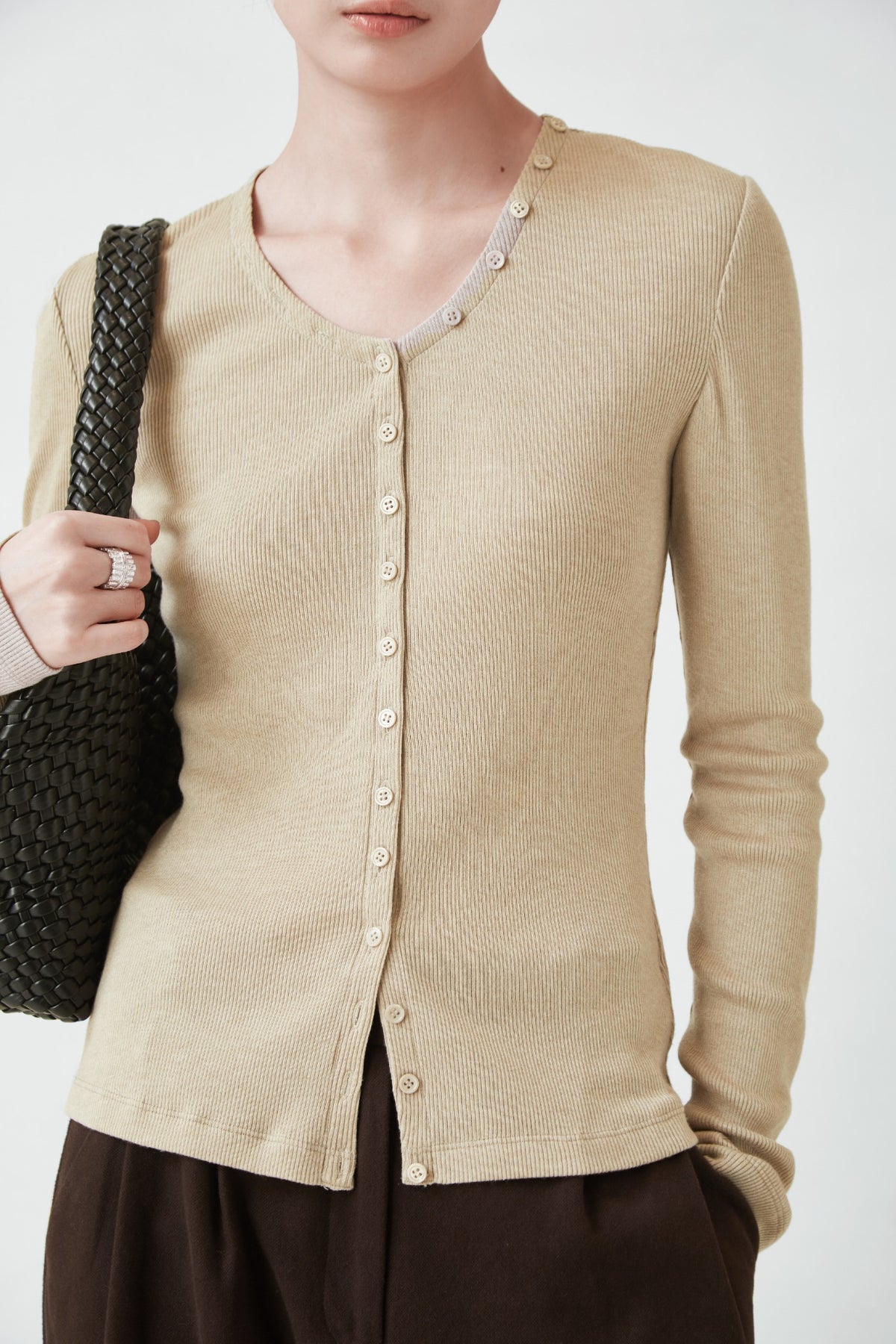 WU TANG Button-detail ribbed cardigan, Light beige, view 4