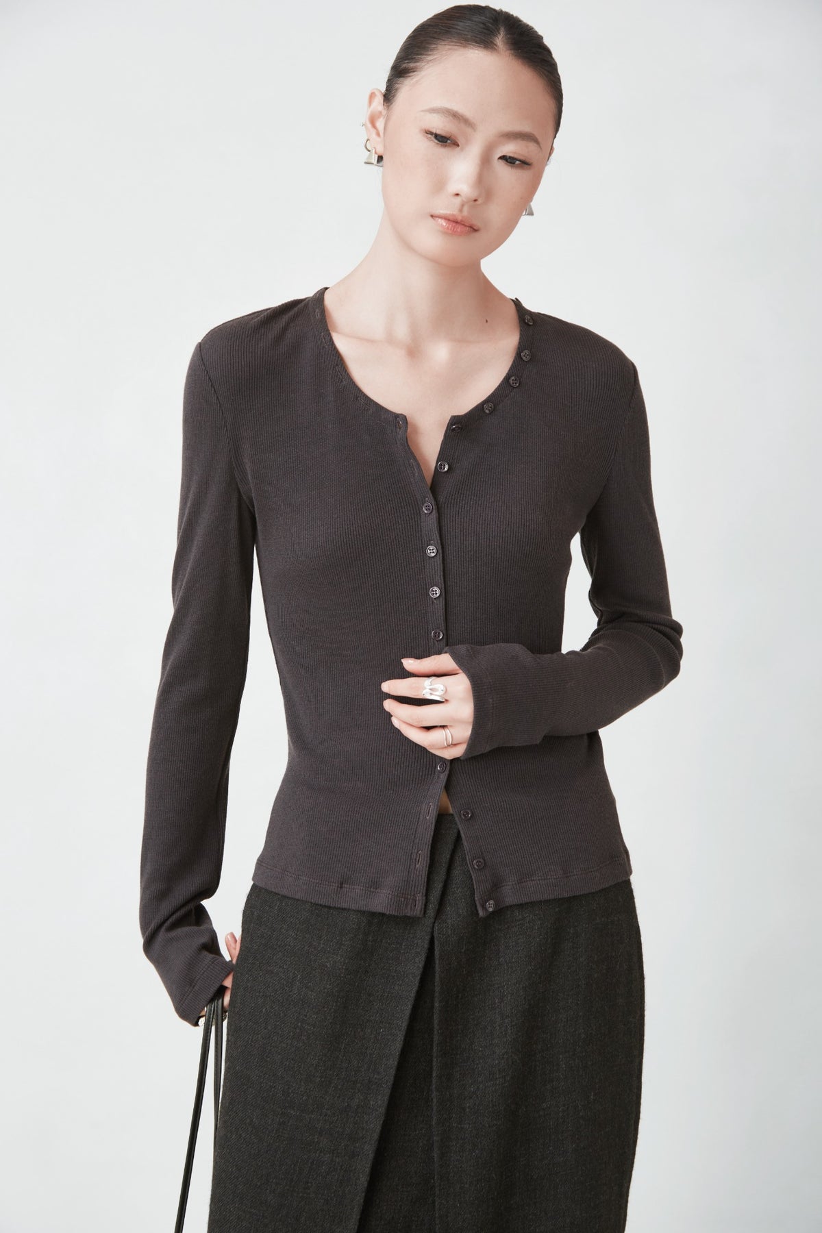 WU TANG Button-detail ribbed cardigan, Dark grey, view 3