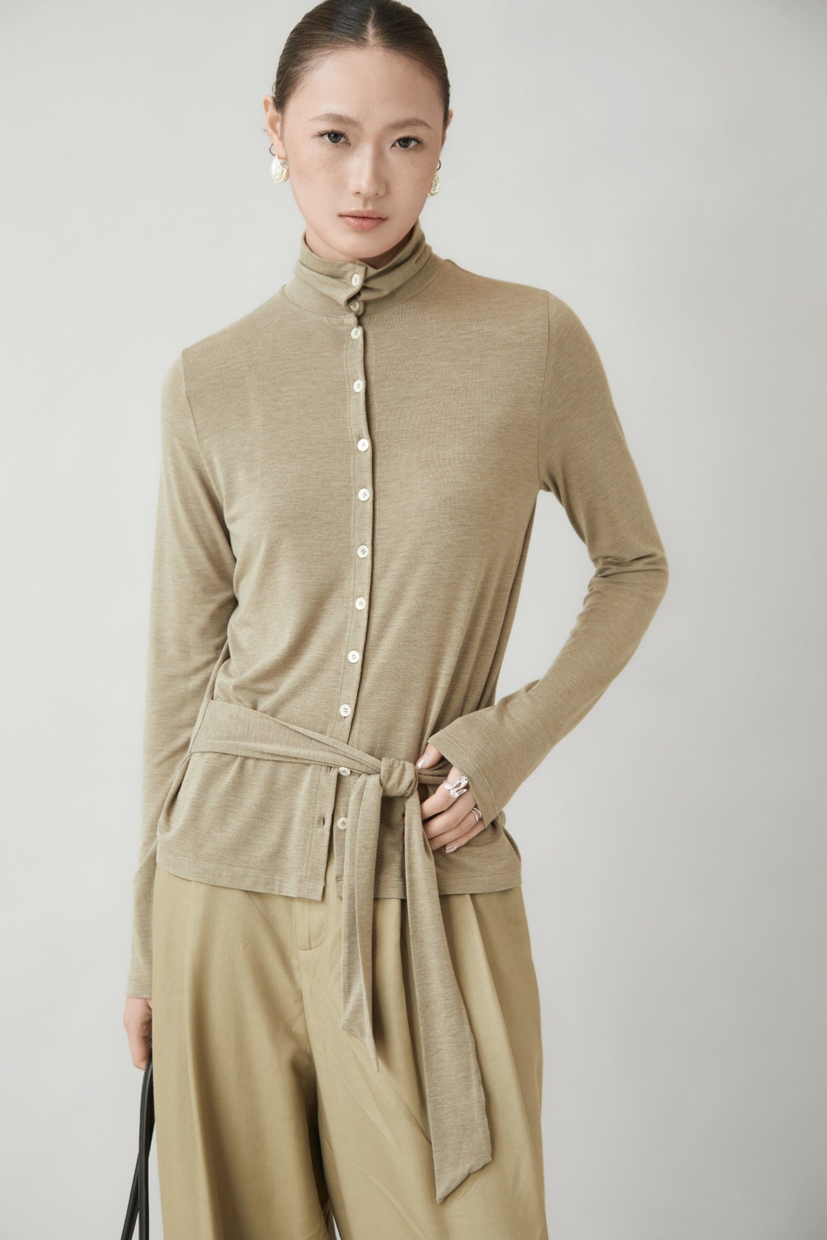 WU TANG Tie-waist button-front top, Light khaki, view 3