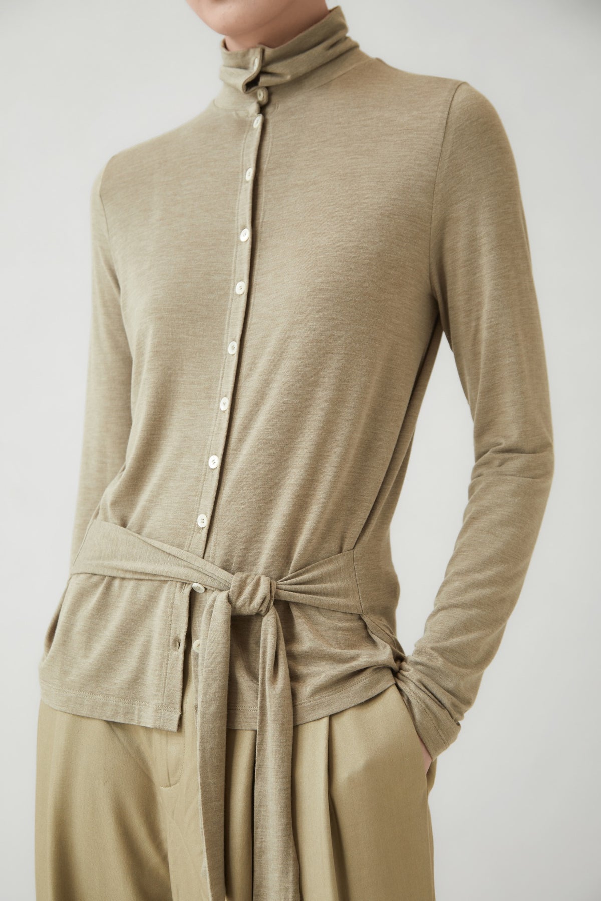 WU TANG Tie-waist button-front top, Light khaki, view 4