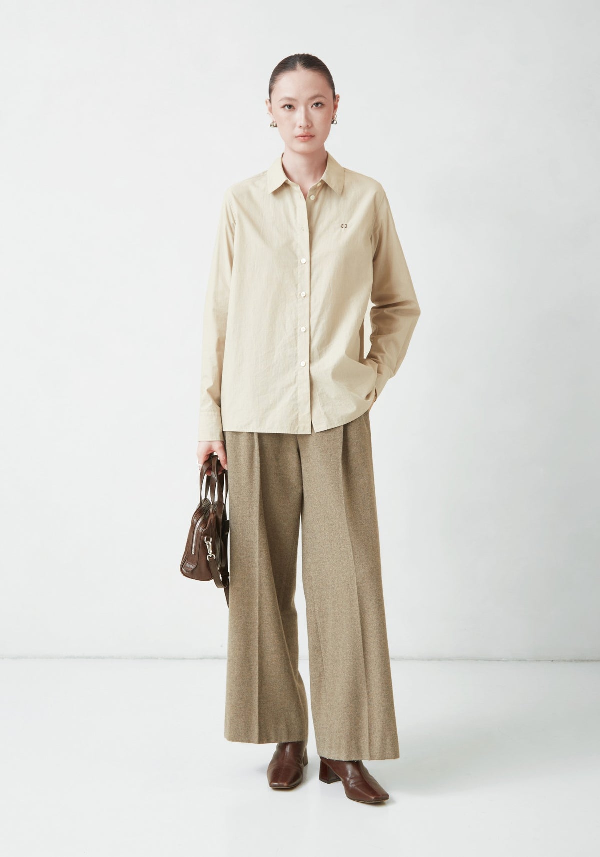 WU TANG Pleated wide-leg trousers, Taupe, view 1