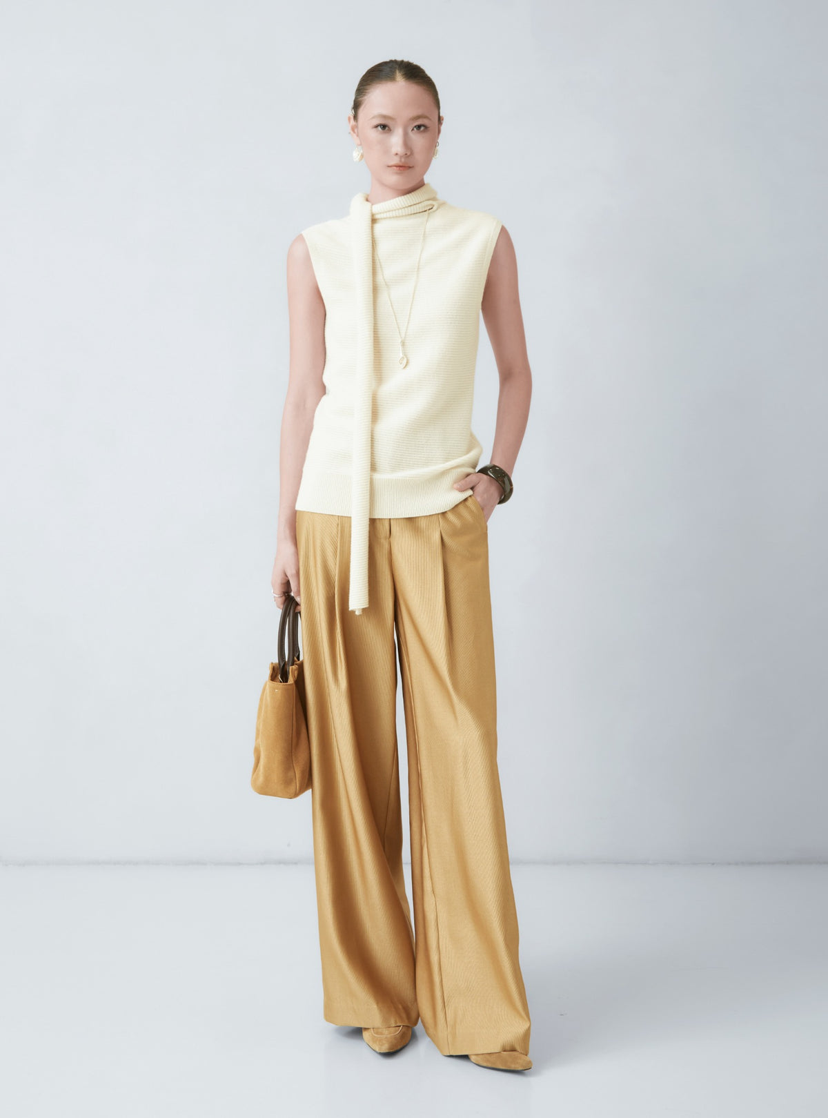 WU TANG Fluid wide-leg trousers, Golden beige, view 1